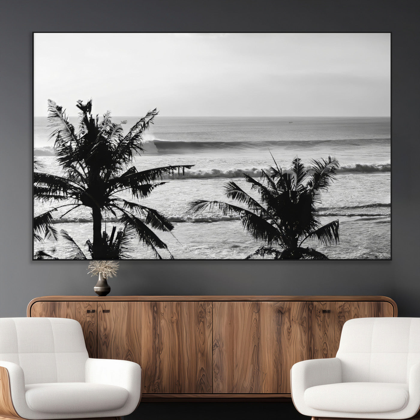 17508038-MGV-CV-36X24-Tropical Coastline Wall Art Canvas Print, Framed Palm Trees Art Picture Print, Ocean Waves Perfect Minimalist Coastal Decor