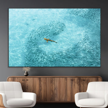 43671474-MGV-CV-36X24-Fish Swarm Wall Art Canvas Print, Framed Marine Life Art Picture Print, Shark Aerial Perfect Wildlife Coastal Decor Artwork