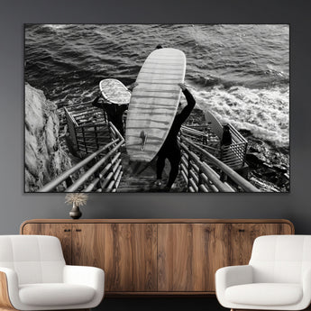 32353707-MGV-CV-36X24-Black White Surfing Wall Art Canvas Print, Framed Coastal Surfing Art Picture Print, Wave Riders Perfect Coastal Adventure Decor