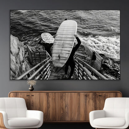32353707-MGV-CV-36X24-Black White Surfing Wall Art Canvas Print, Framed Coastal Surfing Art Picture Print, Wave Riders Perfect Coastal Adventure Decor