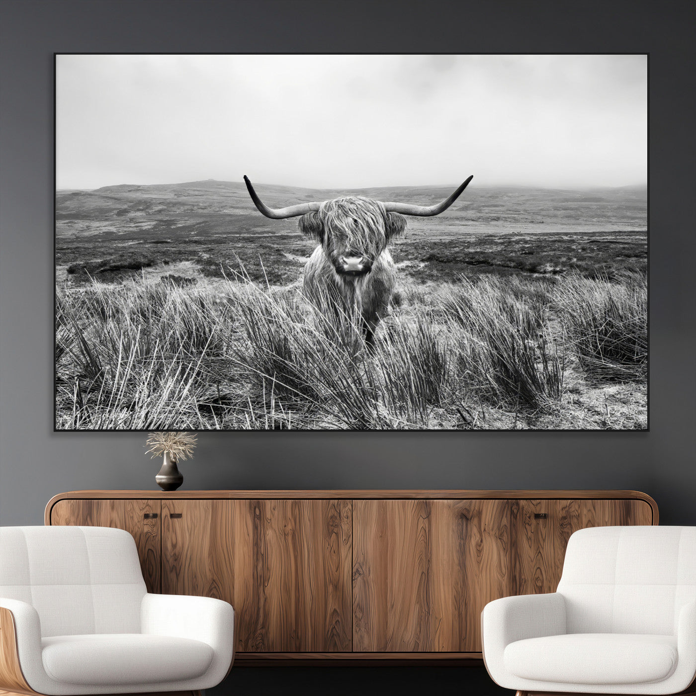 24051061-MGV-CV-36X24-Monochrome Highland Cow Wall Art Canvas Print, Framed Scottish Bull Art Picture Print, Lone Cattle Perfect Rustic Farmhouse Decor