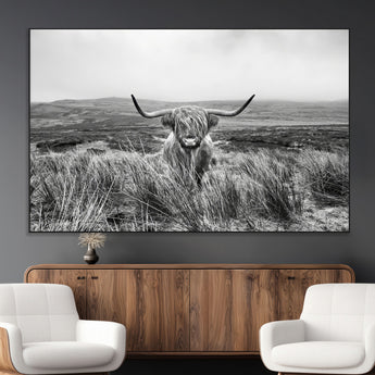24051061-MGV-CV-36X24-Monochrome Highland Cow Wall Art Canvas Print, Framed Scottish Bull Art Picture Print, Lone Cattle Perfect Rustic Farmhouse Decor