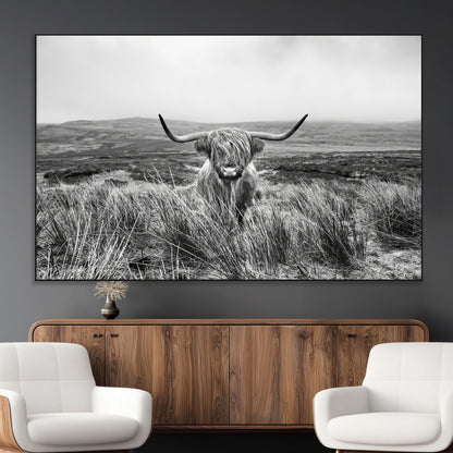 24051061-MGV-CV-36X24-Monochrome Highland Cow Wall Art Canvas Print, Framed Scottish Bull Art Picture Print, Lone Cattle Perfect Rustic Farmhouse Decor