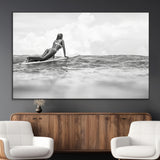 69798068-MGV-CV-36X24-Black White Surfing Wall Art Canvas Print, Framed Ocean Horizon Art Picture Print, Surfer Girl Perfect Coastal Adventure Decor