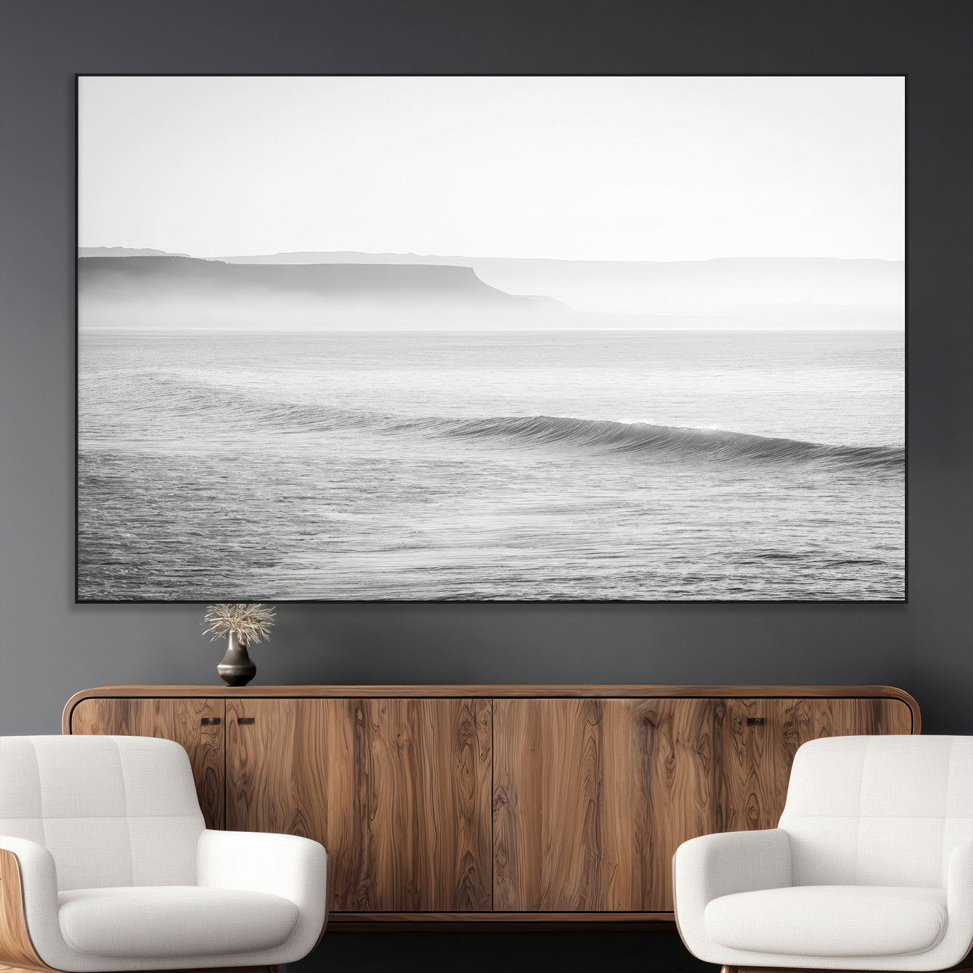 60635783-MGV-CV-36X24-Black White Seascape Wall Art Canvas Print, Framed Ocean Waves Art Picture Print, Misty Coastal Perfect Minimalist Coastal Decor