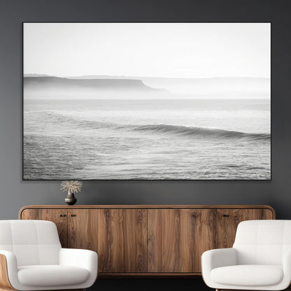 60635783-MGV-CV-36X24-Black White Seascape Wall Art Canvas Print, Framed Ocean Waves Art Picture Print, Misty Coastal Perfect Minimalist Coastal Decor