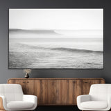60635783-MGV-CV-36X24-Black White Seascape Wall Art Canvas Print, Framed Ocean Waves Art Picture Print, Misty Coastal Perfect Minimalist Coastal Decor