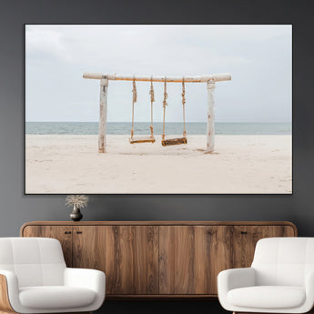 68327283-MGV-CV-36X24-Beach Swing Wall Art Canvas Print, Framed Quiet Beach Art Picture Print, Calm Shoreline Perfect Bohemian Coastal Decor Artwork