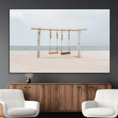 68327283-MGV-CV-36X24-Beach Swing Wall Art Canvas Print, Framed Quiet Beach Art Picture Print, Calm Shoreline Perfect Bohemian Coastal Decor Artwork