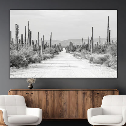 35537313-MGV-CV-36X24-Monochrome Desert Wall Art Canvas Print, Framed Cactus Path Art Picture Print, Southwestern Landscape Perfect Southwestern
