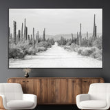 35537313-MGV-CV-36X24-Monochrome Desert Wall Art Canvas Print, Framed Cactus Path Art Picture Print, Southwestern Landscape Perfect Southwestern