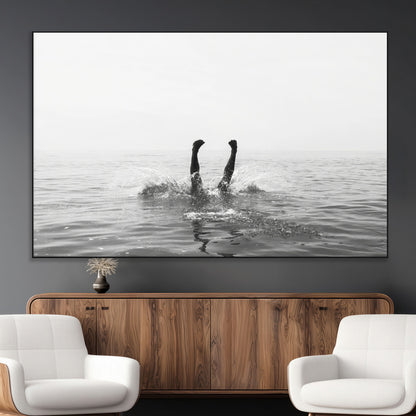 26667396-MGV-CV-36X24-Black White Ocean Wall Art Canvas Print, Framed Monochrome Water Art Picture Print, Diving into Water Perfect Minimalist Aquatic