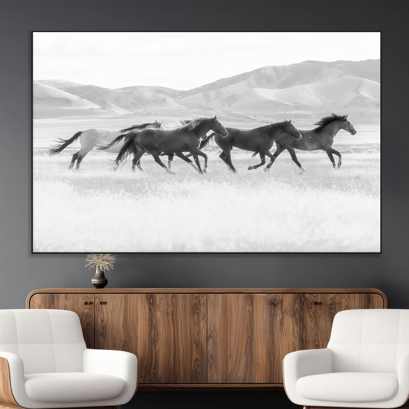 69934913-MGV-CV-36X24-Wild Horses Running Wall Art Canvas Print, Framed Black White Mustangs Art Picture Print, Rustic Western Perfect Rustic Western