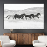 69934913-MGV-CV-36X24-Wild Horses Running Wall Art Canvas Print, Framed Black White Mustangs Art Picture Print, Rustic Western Perfect Rustic Western