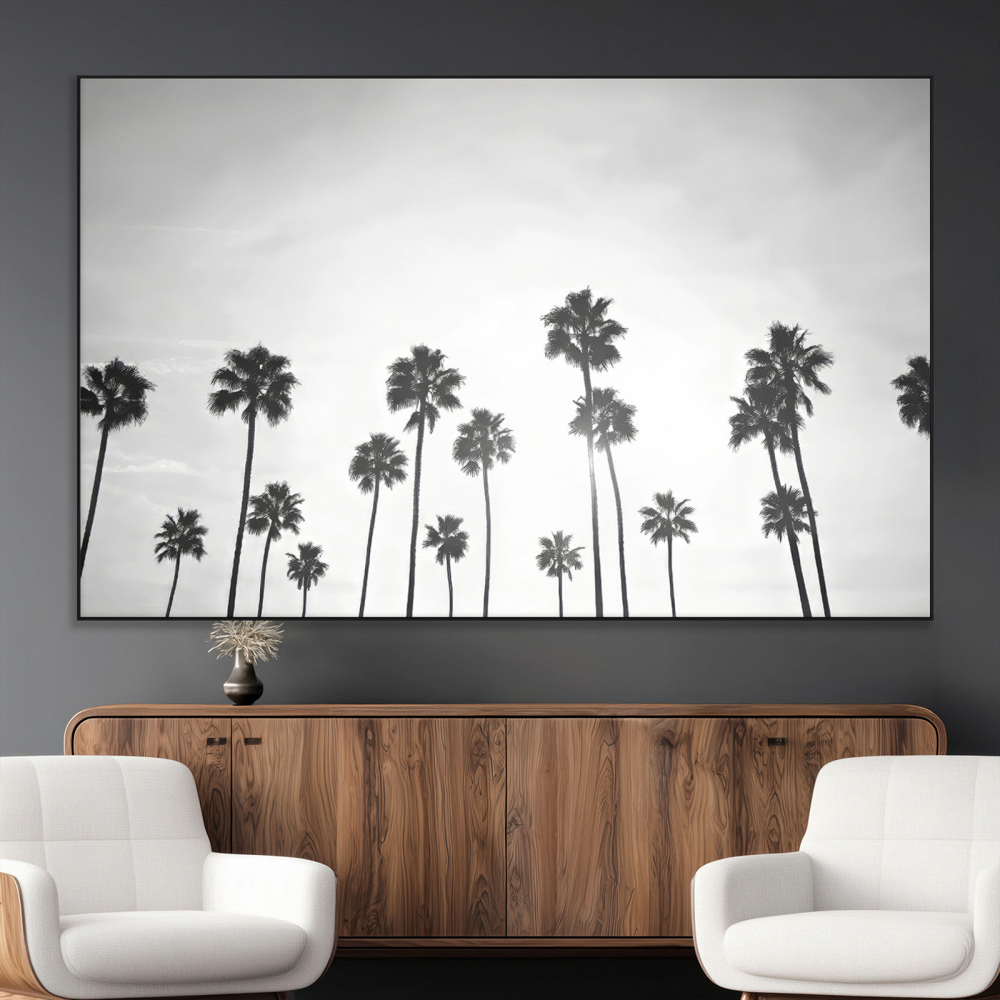 62298277-MGV-CV-36X24-Monochrome Palms Wall Art Canvas Print, Framed Minimalist Trees Art Picture Print, Silhouetted Palms Perfect Tropical Minimalist