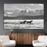 21655040-MGV-CV-36X24-Wild Horses Wall Art Canvas Print, Framed Black White Mountains Art Picture Print, Rustic Countryside Perfect Rustic Western Decor