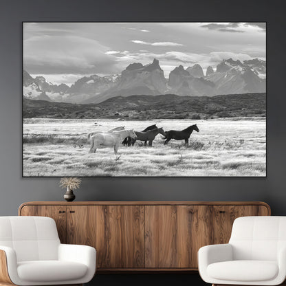21655040-MGV-CV-36X24-Wild Horses Wall Art Canvas Print, Framed Black White Mountains Art Picture Print, Rustic Countryside Perfect Rustic Western Decor