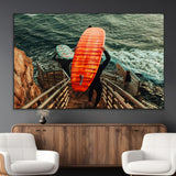 84555848-MGV-CV-36X24-Surfer Stairway Wall Art Canvas Print, Framed Ocean Surf Art Picture Print, Sunset Coastal Perfect Coastal Adventure Decor Artwork