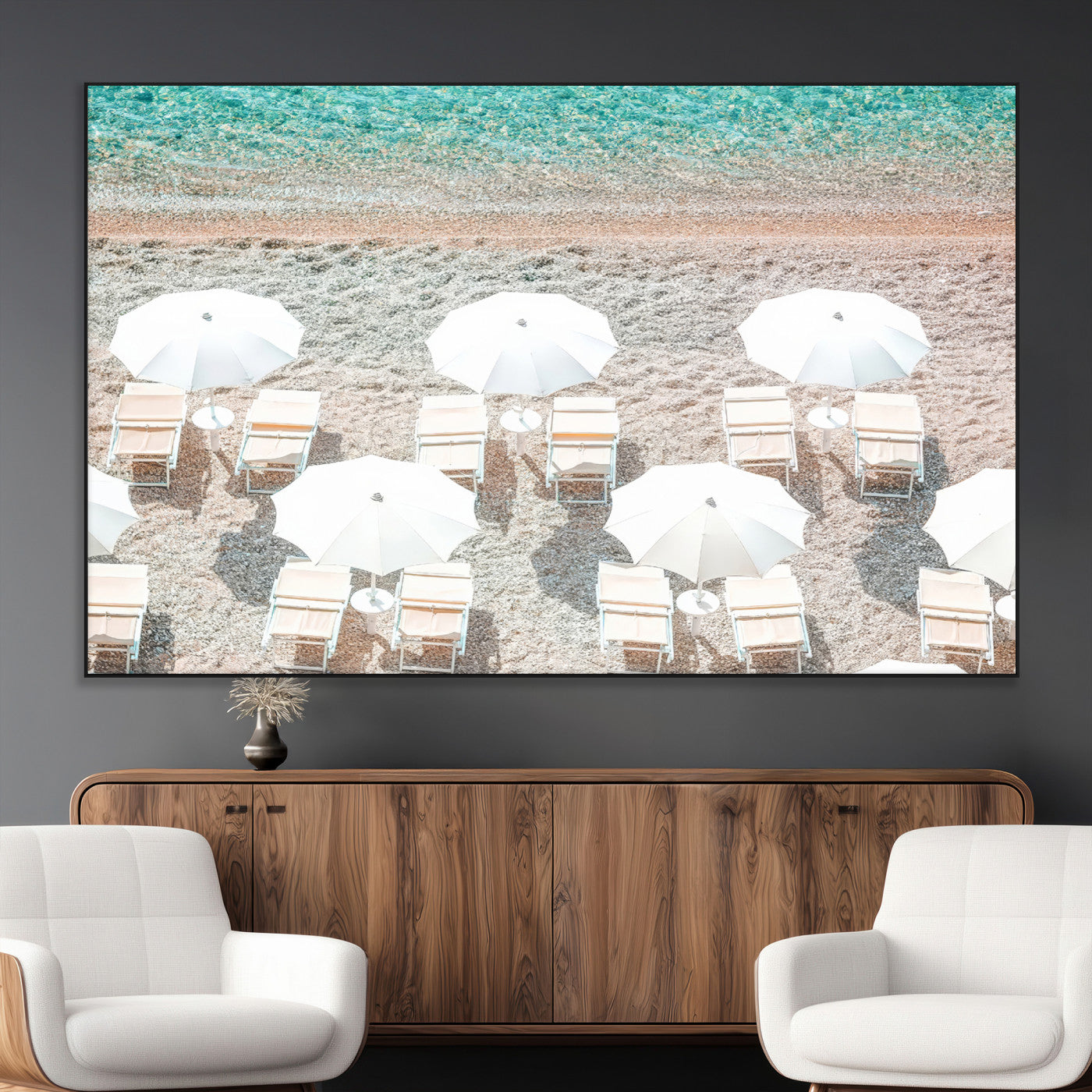 83736167-MGV-CV-36X24-Calm Beach Wall Art Canvas Print, Framed Turquoise Water Art Picture Print, Umbrella Shoreline Perfect Coastal Minimalist Decor