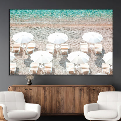 83736167-MGV-CV-36X24-Calm Beach Wall Art Canvas Print, Framed Turquoise Water Art Picture Print, Umbrella Shoreline Perfect Coastal Minimalist Decor