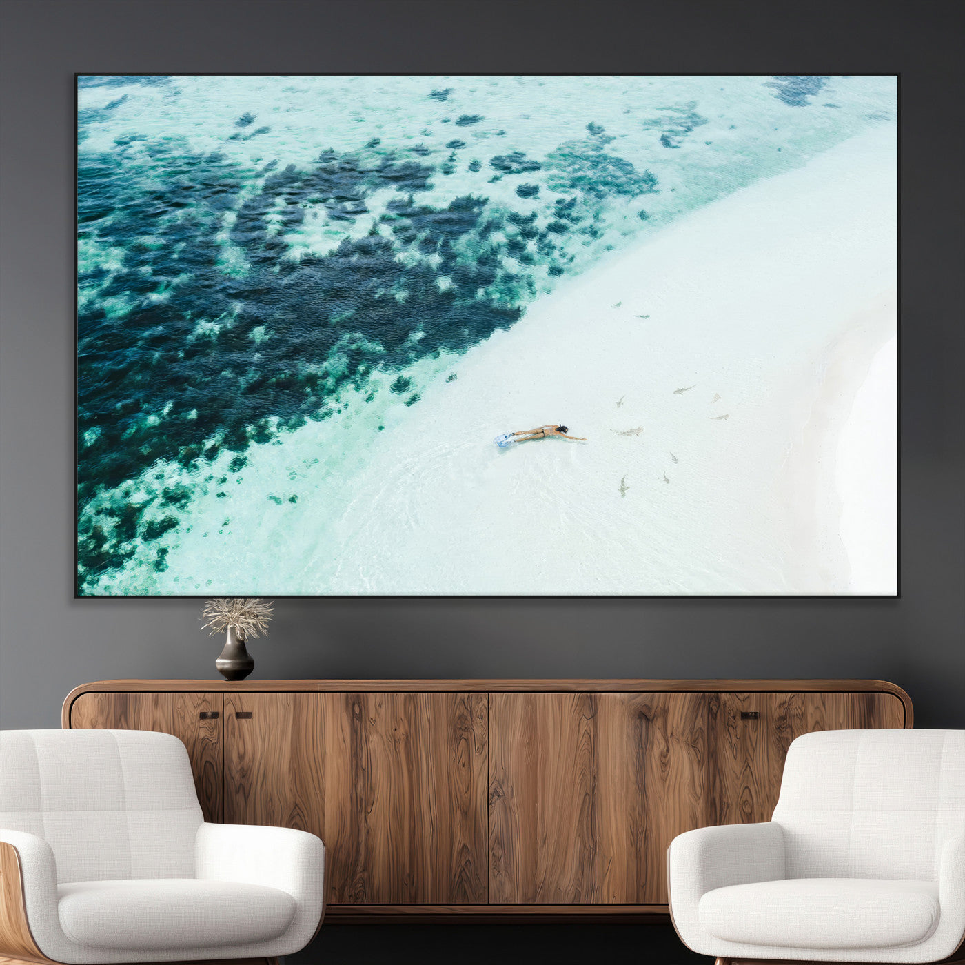 33764764-MGV-CV-36X24-Minimal Beach Wall Art Canvas Print, Framed Ocean Swimming Art Picture Print, Clear Ocean Perfect Minimal Coastal Decor Artwork