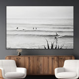 33821421-MGV-CV-36X24-Surfer Silhouette Wall Art Canvas Print, Framed Calm Ocean Art Picture Print, Monochrome Surf Perfect Minimalist Coastal Decor