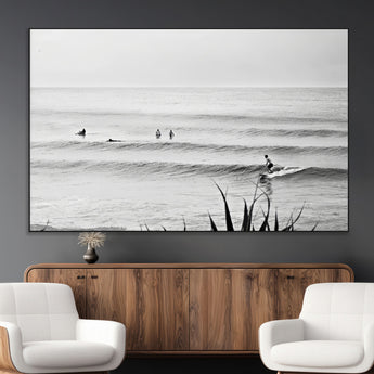 33821421-MGV-CV-36X24-Surfer Silhouette Wall Art Canvas Print, Framed Calm Ocean Art Picture Print, Monochrome Surf Perfect Minimalist Coastal Decor