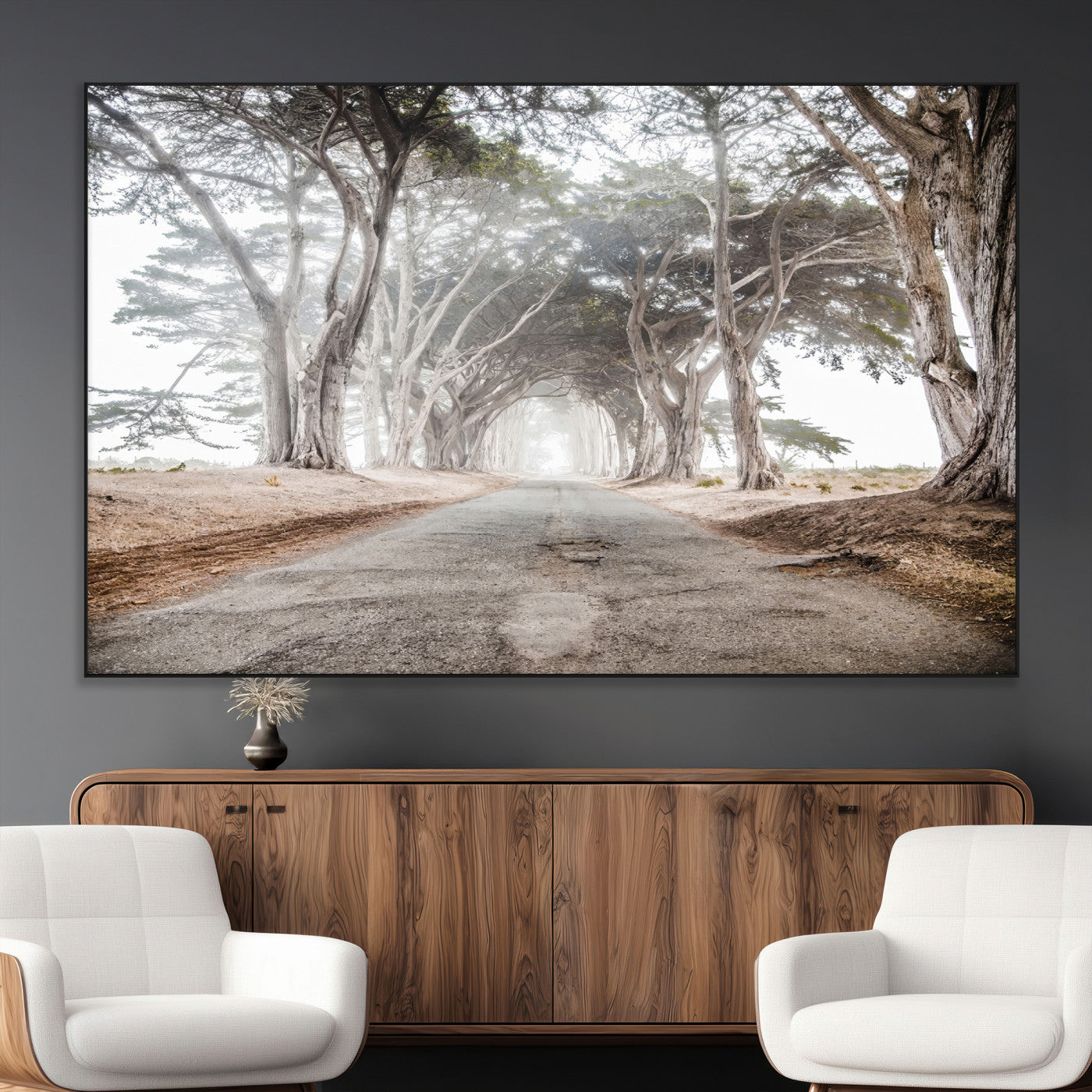 87090469-MGV-CV-36X24-Cypress Tunnel Wall Art Canvas Print, Framed Misty Road Art Picture Print, Foggy Trees Perfect Rustic Woodland Decor Artwork