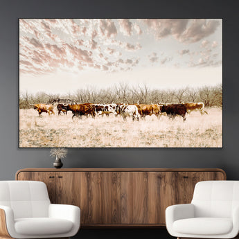 64892775-MGV-CV-36X24-Longhorn Cattle Wall Art Canvas Print, Framed Texas Ranch Art Picture Print, Western Cow Perfect Western Decor Artwork
