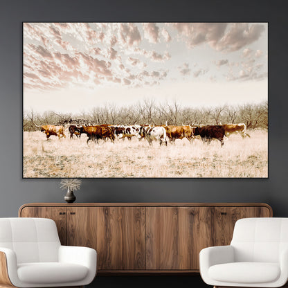 64892775-MGV-CV-36X24-Longhorn Cattle Wall Art Canvas Print, Framed Texas Ranch Art Picture Print, Western Cow Perfect Western Decor Artwork