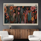 28344895-MGV-CV-36X24-Dark Floral Abstract Wall Art Poster – Modern Botanical Canvas Print with Beige Border, Kusama Inspired Boho Flower Painting,