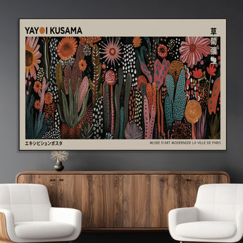 28344895-MGV-CV-36X24-Dark Floral Abstract Wall Art Poster – Modern Botanical Canvas Print with Beige Border, Kusama Inspired Boho Flower Painting,