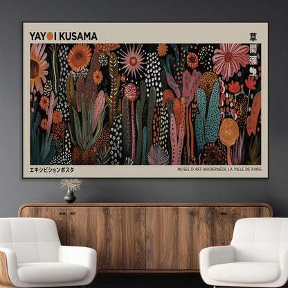28344895-MGV-CV-36X24-Dark Floral Abstract Wall Art Poster – Modern Botanical Canvas Print with Beige Border, Kusama Inspired Boho Flower Painting,
