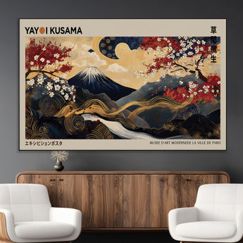 54967195-MGV-CV-36X24-Mount Fuji Wall Art – Japanese Cherry Blossom Abstract Canvas Print, Navy Gold Landscape Painting, Oriental Luxury Home Decor