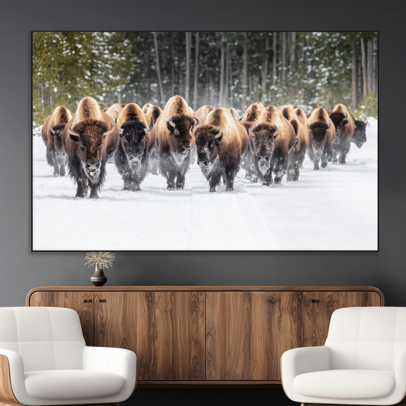 22695857-MGV-CV-36X24-Bison Herd Scene Wall Art Canvas Print, Framed Western Wildlife Art Picture Print, Rustic Animal Art Perfect Rustic Lodge Decor
