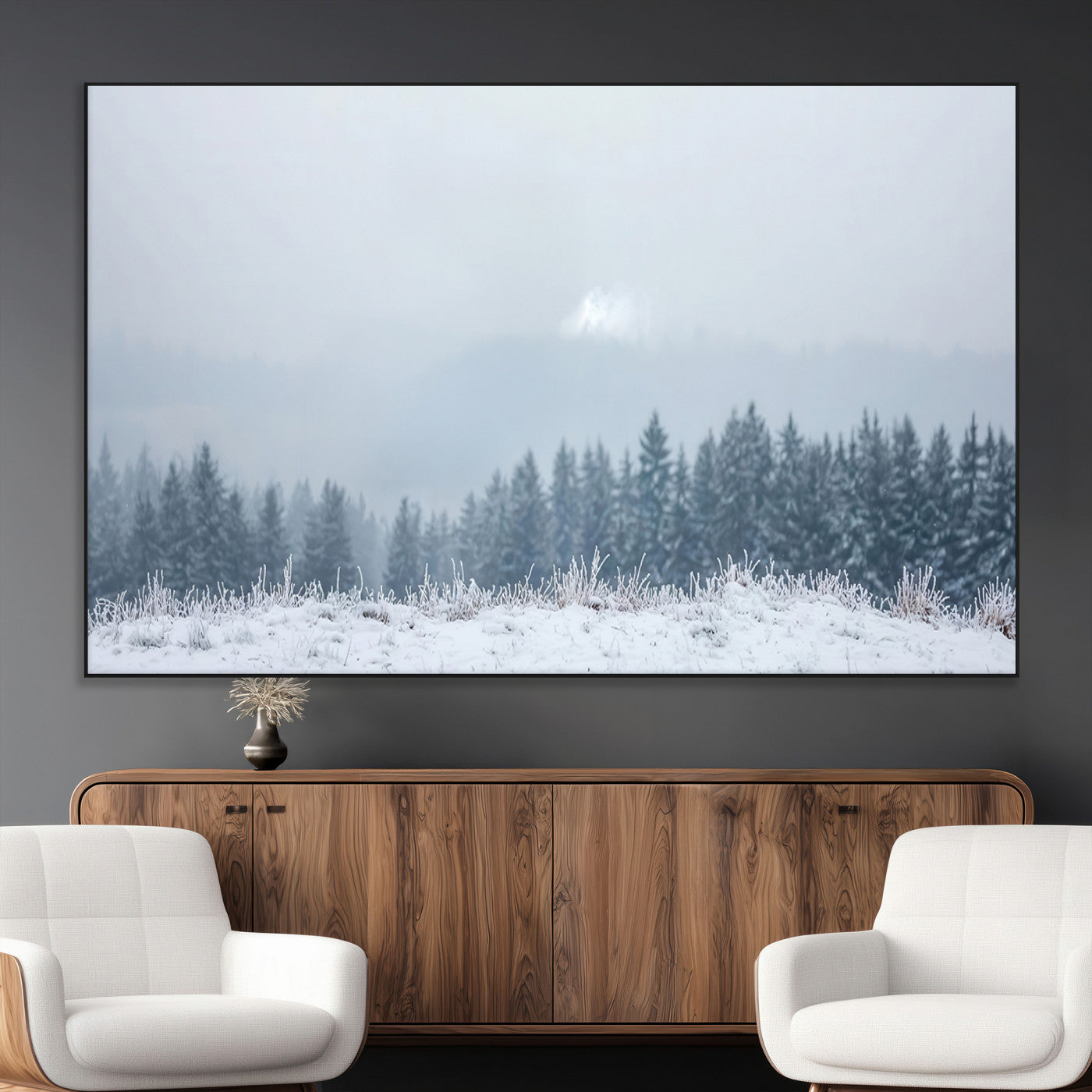 33033082-MGV-CV-36X24-Winter Forest Art Wall Art Canvas Print, Framed Snowy Landscape Art Picture Print, Misty Tree Scene Perfect Nordic Minimalist