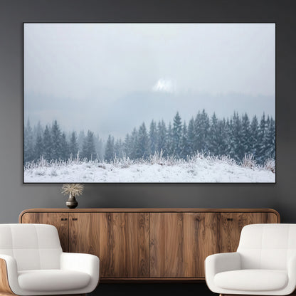 33033082-MGV-CV-36X24-Winter Forest Art Wall Art Canvas Print, Framed Snowy Landscape Art Picture Print, Misty Tree Scene Perfect Nordic Minimalist