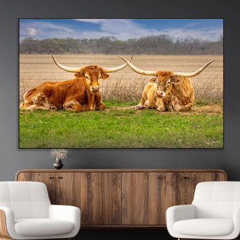97244565-MGV-CV-36X24-Longhorn Duo Wall Art Canvas Print, Framed Cozy Ranch Vibes Art Picture Print, Western Ranch Decor Perfect Rustic Farmhouse Decor