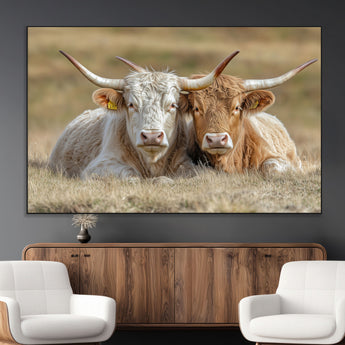 53388593-MGV-CV-36X24-Cow Photography Wall Art Canvas Print, Framed Rustic Animal Decor Art Picture Print, Texas Cow Pair Perfect Western Farmhouse