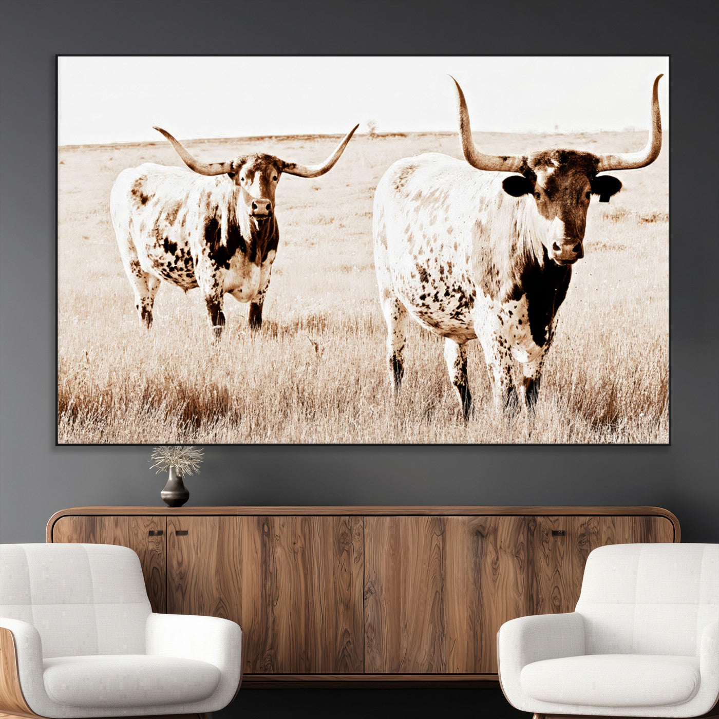39672786-MGV-CV-36X24-Rustic Cow Scene Wall Art Canvas Print, Framed Farmhouse Style Cattle Art Picture Print, Prairie Animal Duo Perfect Rustic Western
