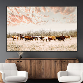 43704663-MGV-CV-36X24-Country Cow Herd Wall Art Canvas Print, Framed Farmhouse Cattle Scene Art Picture Print, Rustic Ranch Decor Perfect Rustic