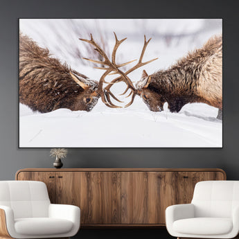 36507609-MGV-CV-36X24-Elk Clash Scene Wall Art Canvas Print, Framed Wildlife Strength Decor Art Picture Print, Snowy Forest Elk Perfect Rustic Lodge