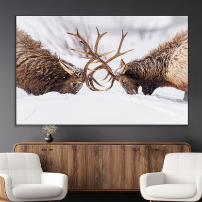 36507609-MGV-CV-36X24-Elk Clash Scene Wall Art Canvas Print, Framed Wildlife Strength Decor Art Picture Print, Snowy Forest Elk Perfect Rustic Lodge