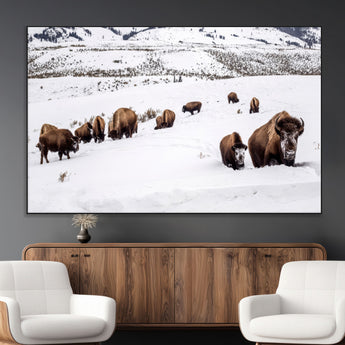 13891210-MGV-CV-36X24-Bison Herd Scene Wall Art Canvas Print, Framed Western Wildlife Decor Art Picture Print, Snowy Mountain Valley Perfect Rustic