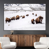 13891210-MGV-CV-36X24-Bison Herd Scene Wall Art Canvas Print, Framed Western Wildlife Decor Art Picture Print, Snowy Mountain Valley Perfect Rustic