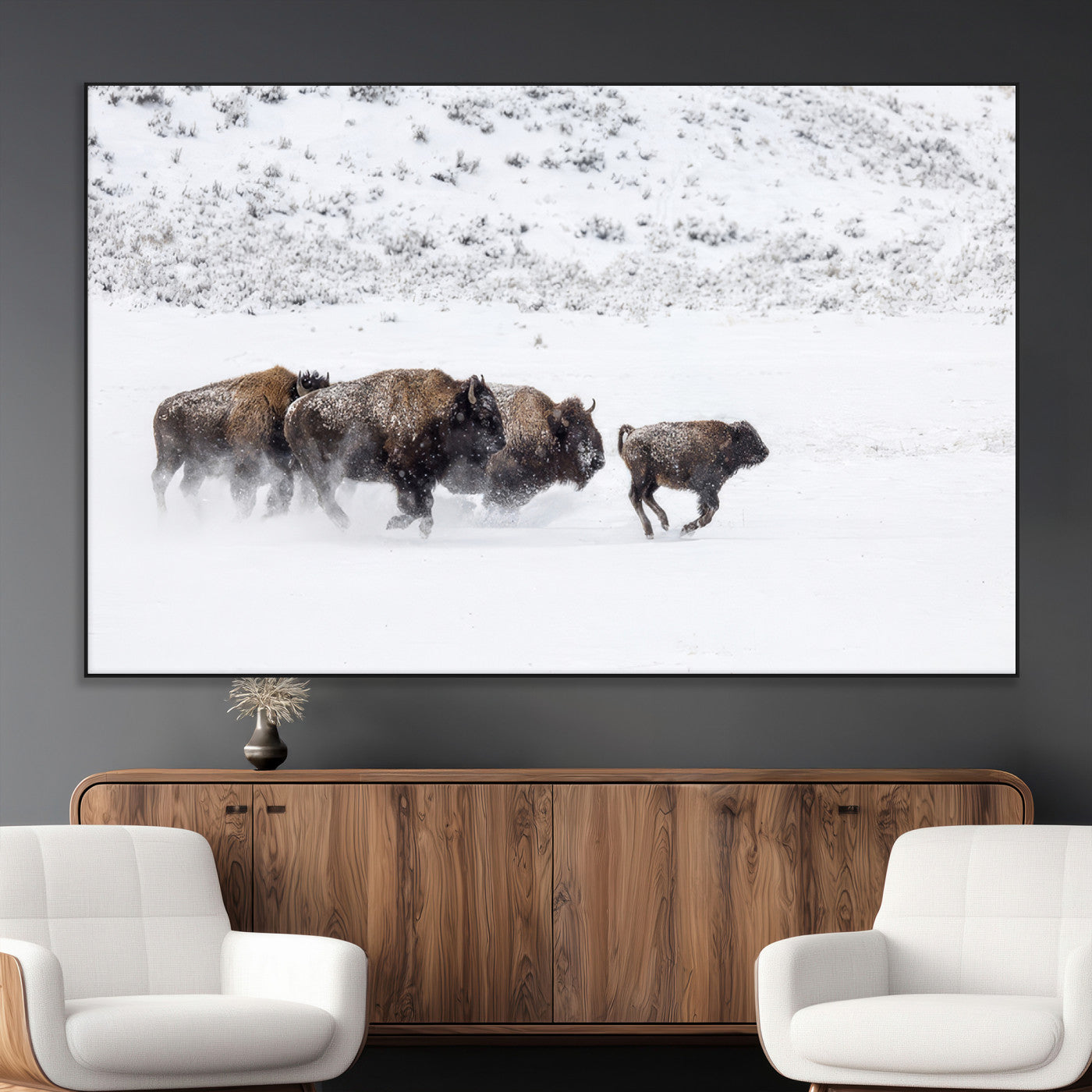 56216945-MGV-CV-36X24-Bison Herd Decor Wall Art Canvas Print, Framed Snowy Bison Scene Art Picture Print, Winter Wildlife Theme Perfect Rustic Western