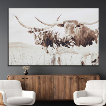 48161868-MGV-CV-36X24-Longhorn Cow Decor Wall Art Canvas Print, Framed Rustic Cattle Art Picture Print, Sepia Western Vibe Perfect Neutral Rustic