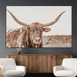 77810049-MGV-CV-36X24-Longhorn Bull Photo Wall Art Canvas Print, Framed Rustic Cow Decor Art Picture Print, Neutral Farmhouse Style Perfect Rustic