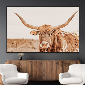74406977-MGV-CV-36X24-Longhorn Bull Decor Wall Art Canvas Print, Framed Western Cow Theme Art Picture Print, Rustic Farmhouse Wall Perfect Neutral