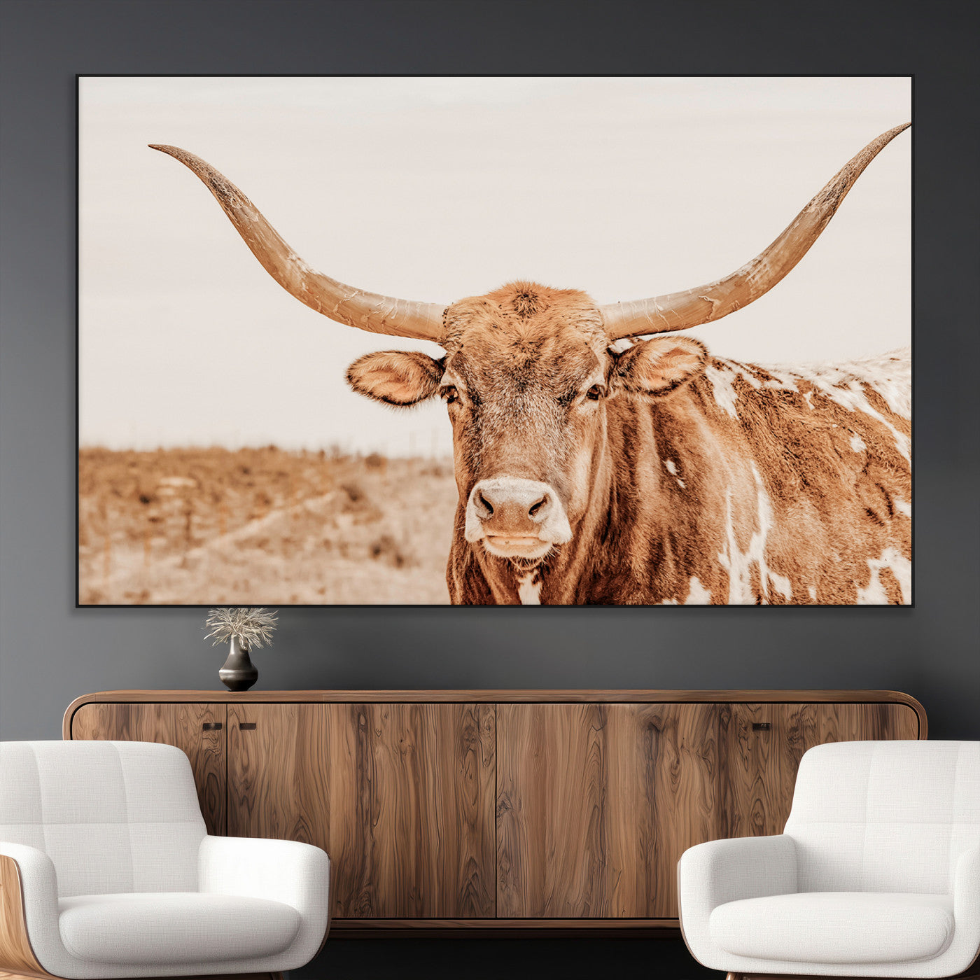 74406977-MGV-CV-36X24-Longhorn Bull Decor Wall Art Canvas Print, Framed Western Cow Theme Art Picture Print, Rustic Farmhouse Wall Perfect Neutral